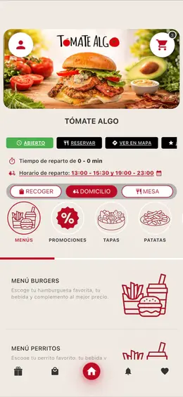 Carta i modalitats de comanda a l'aplicació Tómate Algo