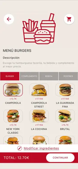 Selecció d'hamburgueses a l'aplicació Tómate Algo